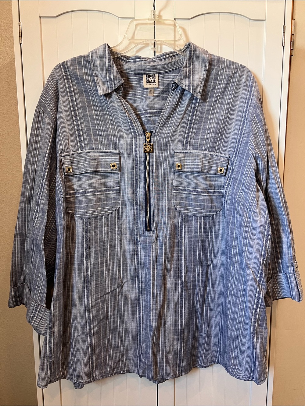 Anne Klein Light Blue Striped Pullover Zip Shirt